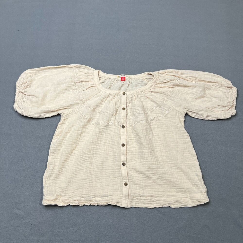 Marine Layer Peasant Top Women Beige Small Cotton Puff Sleeve Gauze Button Front